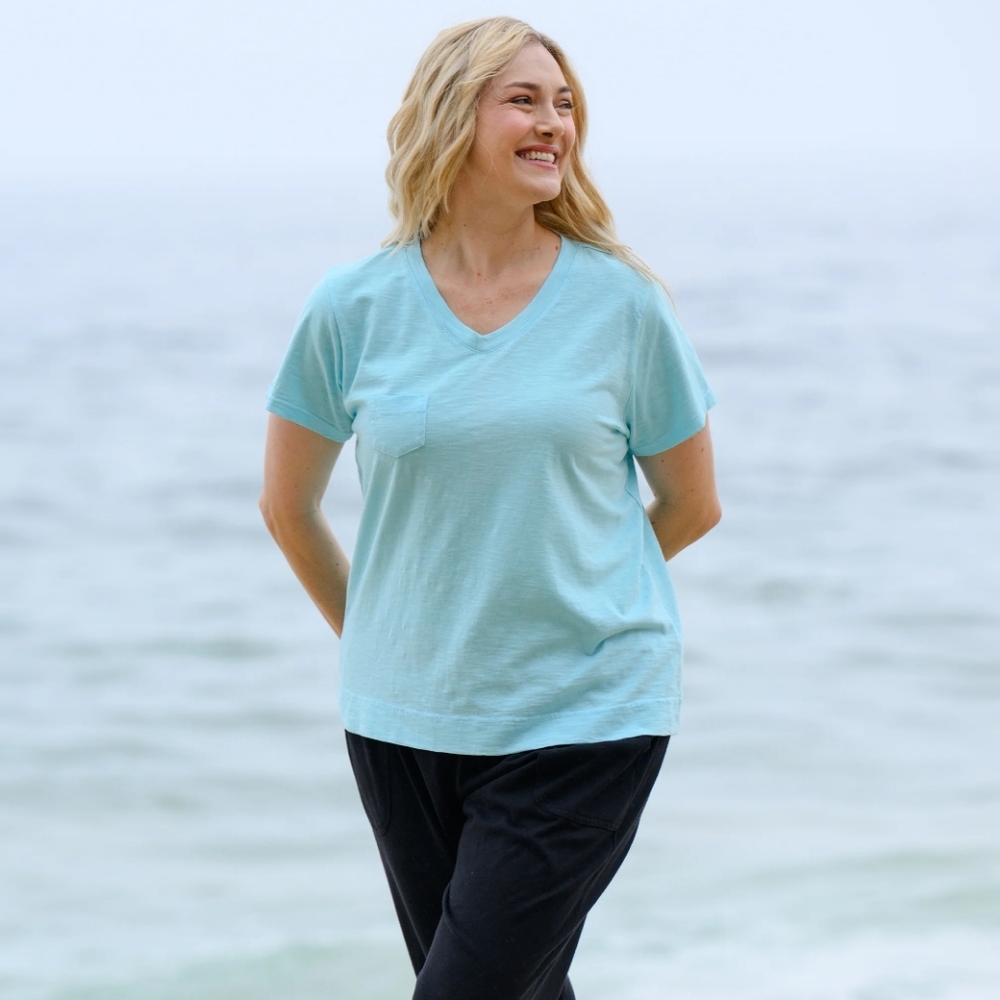 Fresh Produce 2X Blue V Neck Cotton Short Sleeve Summer Beach Top Shirt
